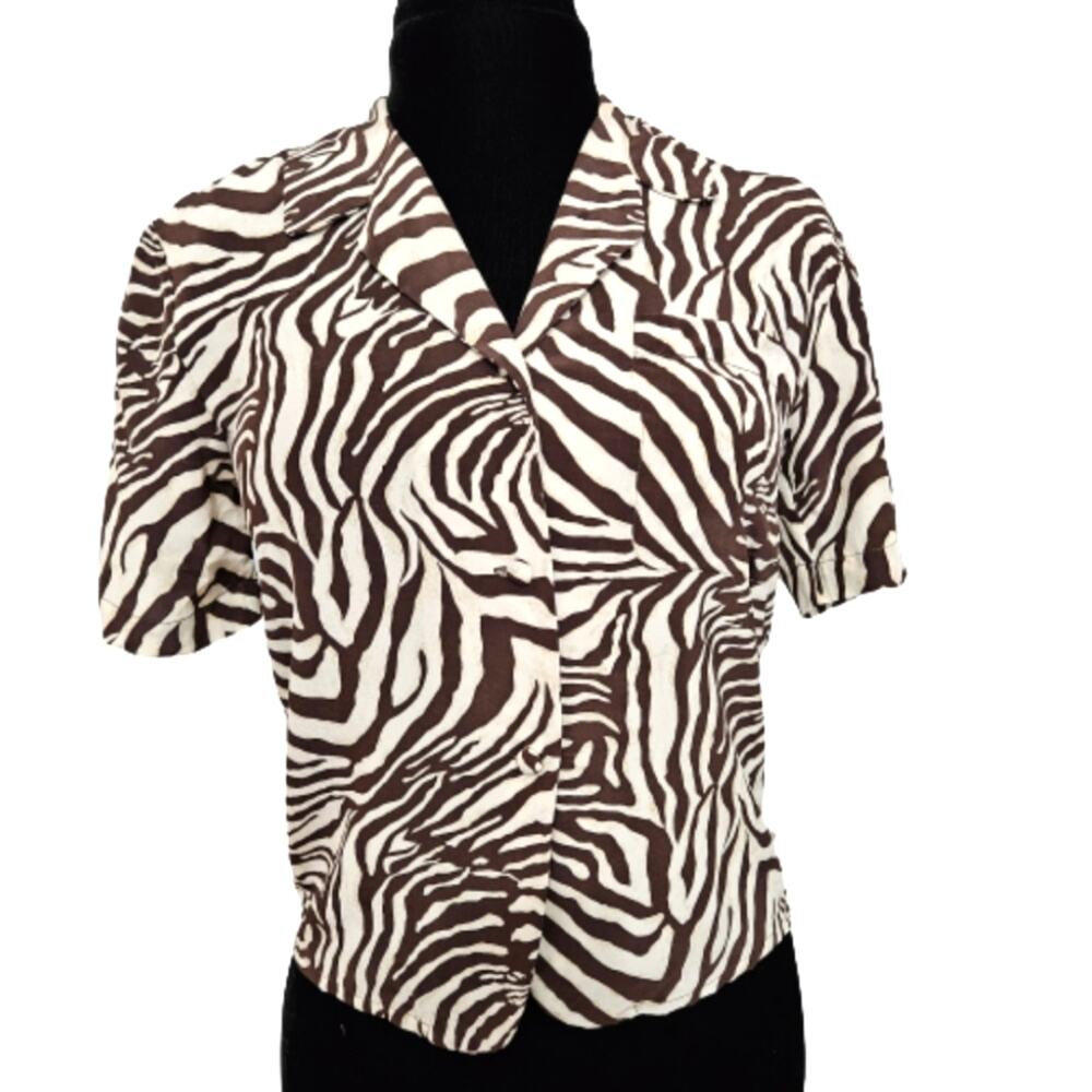 Jessica Lauren‎ Silk Animal Print Short Sleeve Button Front Top Small Career